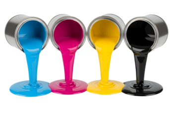 Four colorful liquids pouring from glasses isolated on transparent background