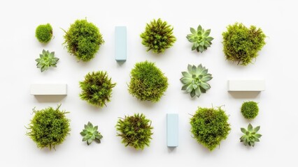 Flat lay of various green succulent plants and small white rectangular objects arranged on a clean white background.