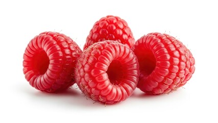 Four Fresh Ripe Red Raspberries Isolated on a Clean White Background.