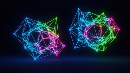 Vibrant interconnected wireframe structures glowing in darkness