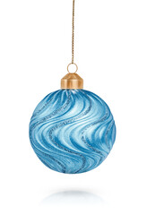 Christmas blue glass ball with a wavy pattern and decorated with sequins is highlighted on a transparent background.