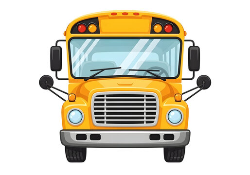 Classic yellow school bus front view isolated on transparent background