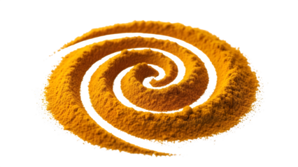 Bright yellow turmeric powder spice artfully arranged in a perfect spiral shape, isolated on transparent background, representing flavor, health, and natural ingredient