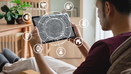 Home security icons show smart home, surveillance, and safety devices. Home security ensures...