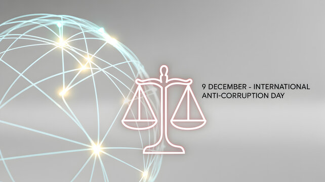International Anti-Corruption Day banner with scales and a globe network. - Powered by Adobe
