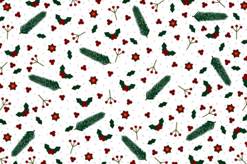 Christmas illustration with green pine tree stalks or leaves, red cranberry, snowflakes, silver dot, light, red flowers on transparent background. Winter, holiday, new year seamless pattern. Printable