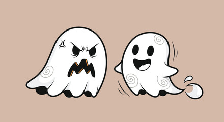 Funny cartoon illustration of a cute, happy ghost being chased by a very angry and spooky-looking ghost with sharp teeth.