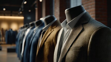 A row of mannequins dressed in tailored men’s suits presents an elegant selection of navy blue and brown fabrics. This stylish arrangement enhances the modern showroom ambiance
