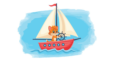 Fototapeta premium A cute and adventurous cartoon ginger cat steering a sailboat on the open sea, depicted in a charming watercolor style.