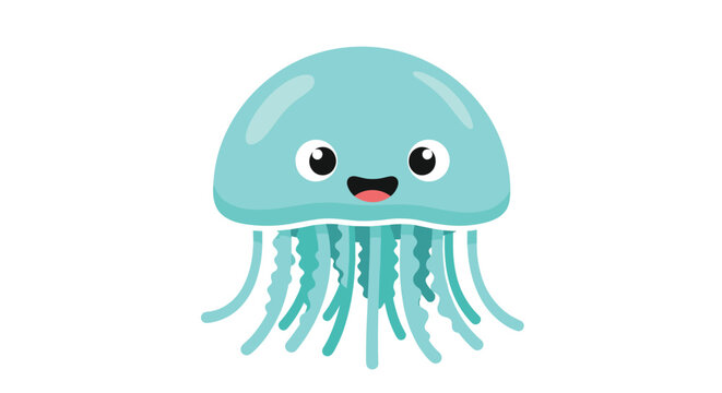 An adorable and happy cartoon jellyfish with big eyes and a wide smile, illustrated in a simple, cute flat vector style.
