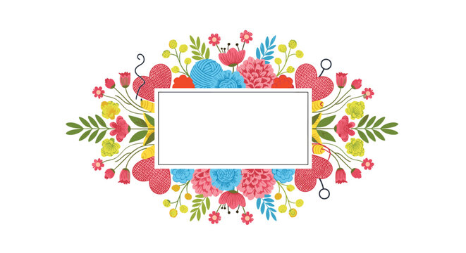 Colorful rectangular frame surrounded by a beautiful arrangement of knitted hearts, yarn balls, and various abstract flowers.