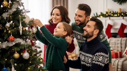A Caucasian family, woman, man, and girl, joyfully decorating a Christmas tree with ornaments, celebrating the holiday season together