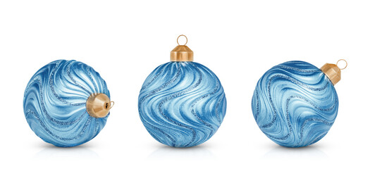 Three Christmas blue glass balls with a wavy pattern, decorated with sequins, stands out against a transparent background.