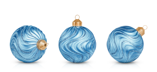 Three Christmas blue glass balls with a wavy pattern, decorated with sequins, stands out against a transparent background.