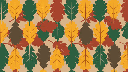 Fototapeta premium A seamless pattern of colorful oak leaves in green, yellow, brown, and red on a beige background.