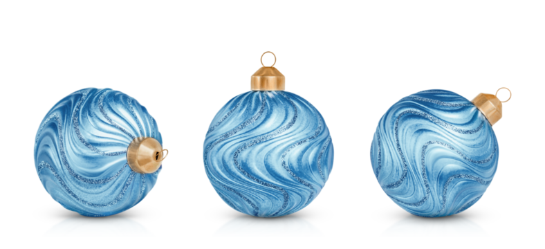 Three Christmas blue glass balls with a wavy pattern, decorated with sequins, stands out against a transparent background.