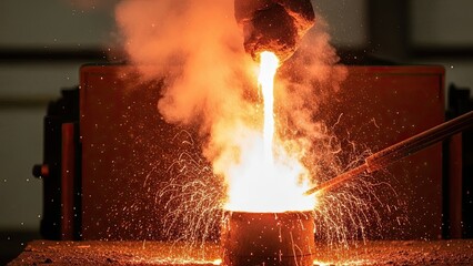 Molten Metal Pouring into Crucible with Sparks and Smoke.