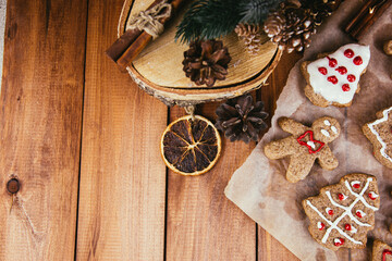 Wooden boards with gingerbread cookies with space for text