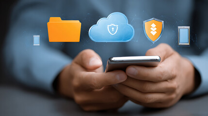Person holding smartphone with digital cloud data security icons hands