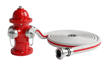 Red fire hydrant connected to a coiled fire hose isolated on transparent background