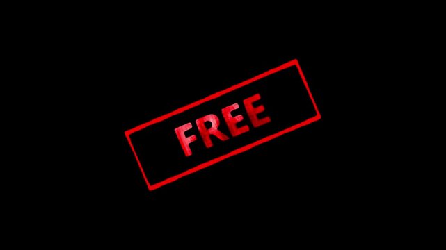 Free Stamp Animation. free rubber stamp with red ink on black Background.  putting a Free of Charge stamp.