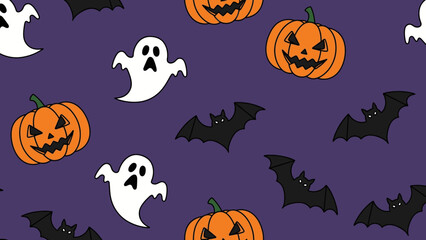 A repeating pattern featuring Halloween pumpkins, ghosts, and bats on a purple background.
