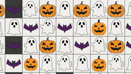Halloween themed pattern with ghosts, pumpkins, and bats arranged on a tiled background.