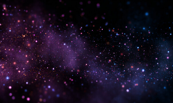 A blurred image of a dark night sky with many bright stars and purple nebula clouds