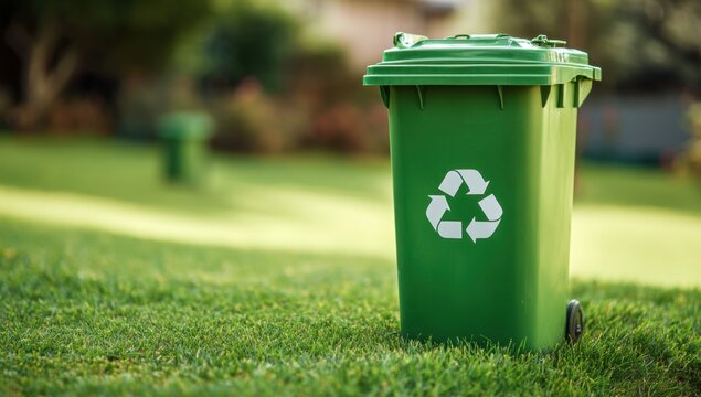 Recycling bin on green meadow copy space