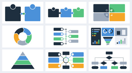 Business Infographic Vector Set – Puzzle, Pyramid, Funnel and Flowchart Diagrams