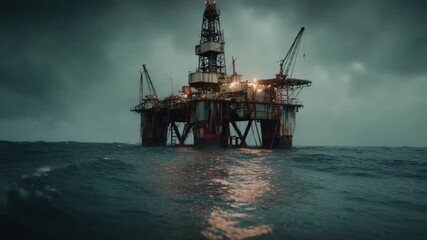 Oil Rig Stands Amidst Stormy Sea with Dark Clouds