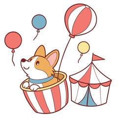Fototapeta premium An adorable Corgi with a Happy vibe, in a teacup, and a Big Top Brights Circus Carnival theme – SVG style