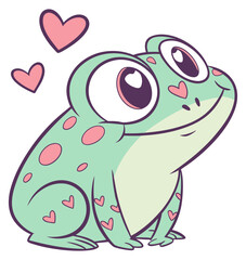 Fototapeta premium Adorable light green cartoon frog with pink hearts big eyes looking up. Isolated transparent background ( include cut-out PNG file ).
