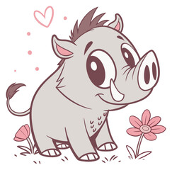 Fototapeta premium Happy cartoon baby warthog smiling big eyes tusks and pink flower heart. Isolated transparent background ( include cut-out PNG file ).