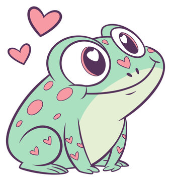 Adorable light green cartoon frog with pink hearts big eyes looking up. Isolated transparent background ( include cut-out PNG file ).