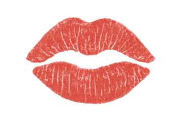 Red kiss print symbol with textured lipstick mark, representing love, romance, passion, and affection on transparent background