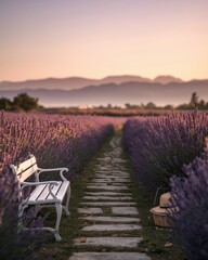 Naklejka premium Serene Lavender Field Path with White Bench and Basket at Sunrise Tranquil French Countryside