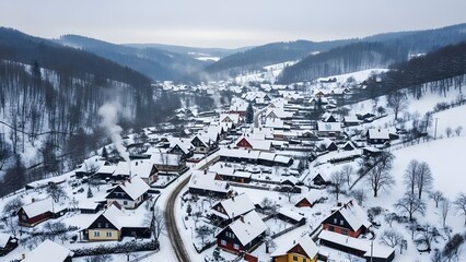 Winter Village Panorama: An aerial perspective captures a snow-covered village nestled amidst rolling hills under a grey sky, the scene evokes a sense of tranquility and serene isolation.