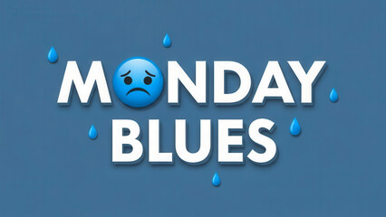 Sad blue emoji face expressing monday blues with falling water droplets on a blue background