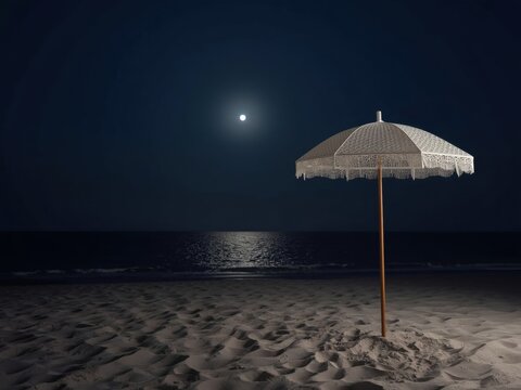 Serene moonlit beach scene with a lone umbrella under the starry sky - Powered by Adobe