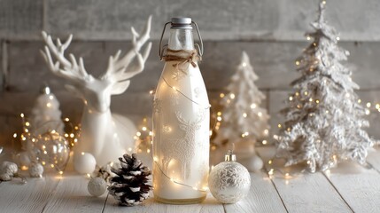 A white, frosted glass bottle with a silver lid, adorned with fairy lights, stands on a wooden table with a rustic wooden background.
