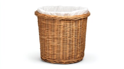 Obraz premium A wicker laundry basket with a white cloth liner, isolated on a white background.