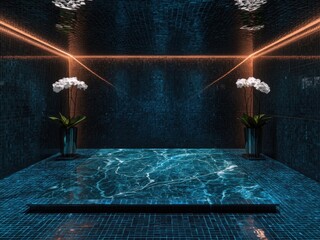 Serene spa interior with orchids and reflective surfaces creating a tranquil atmosphere