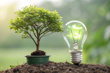 Light bulb with tree and plant inside representing eco energy concept