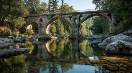 Fototapeta premium Ancient stone bridge spanning a river, surrounded by lush greenery and trees, with a calm, reflective water surface.