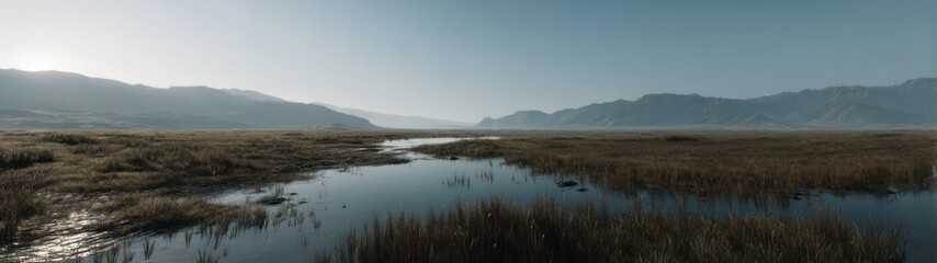 Panoramic view of a misty river landscape with mountains and wetlands scenery