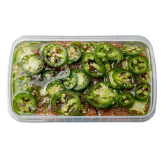 Freshly Sliced Jalapeño Peppers with Spices in Transparent Container on White Background PNG