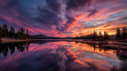 Obraz premium A serene lake at sunset with vibrant clouds reflecting on the water's surface, surrounded by trees and mountains in the distance.