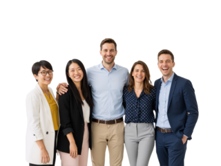 Diverse Team of Five Professionals Smiling Together Against White Background — Mix of Blazers, Polka Dots, and Suits — Radiating Camaraderie, Inclusivity, and Modern Workplace Energy Perfect for Colla