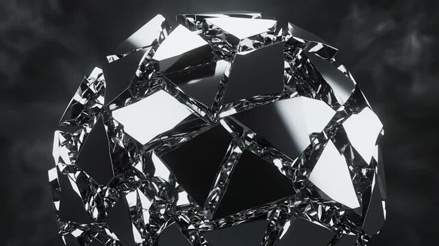 Seamlessly looping abstract background animation showing sharp geometric metallic shards dynamically fragmenting and reforming science, design, order